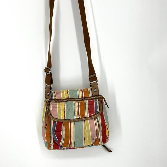 Fossil Watercolor Striped Organizer Denim Fabric Crossbody Purse Shoulder Bag - Picture 12 of 13